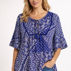 RAGA Blue and White Geometric Blouse Size Large